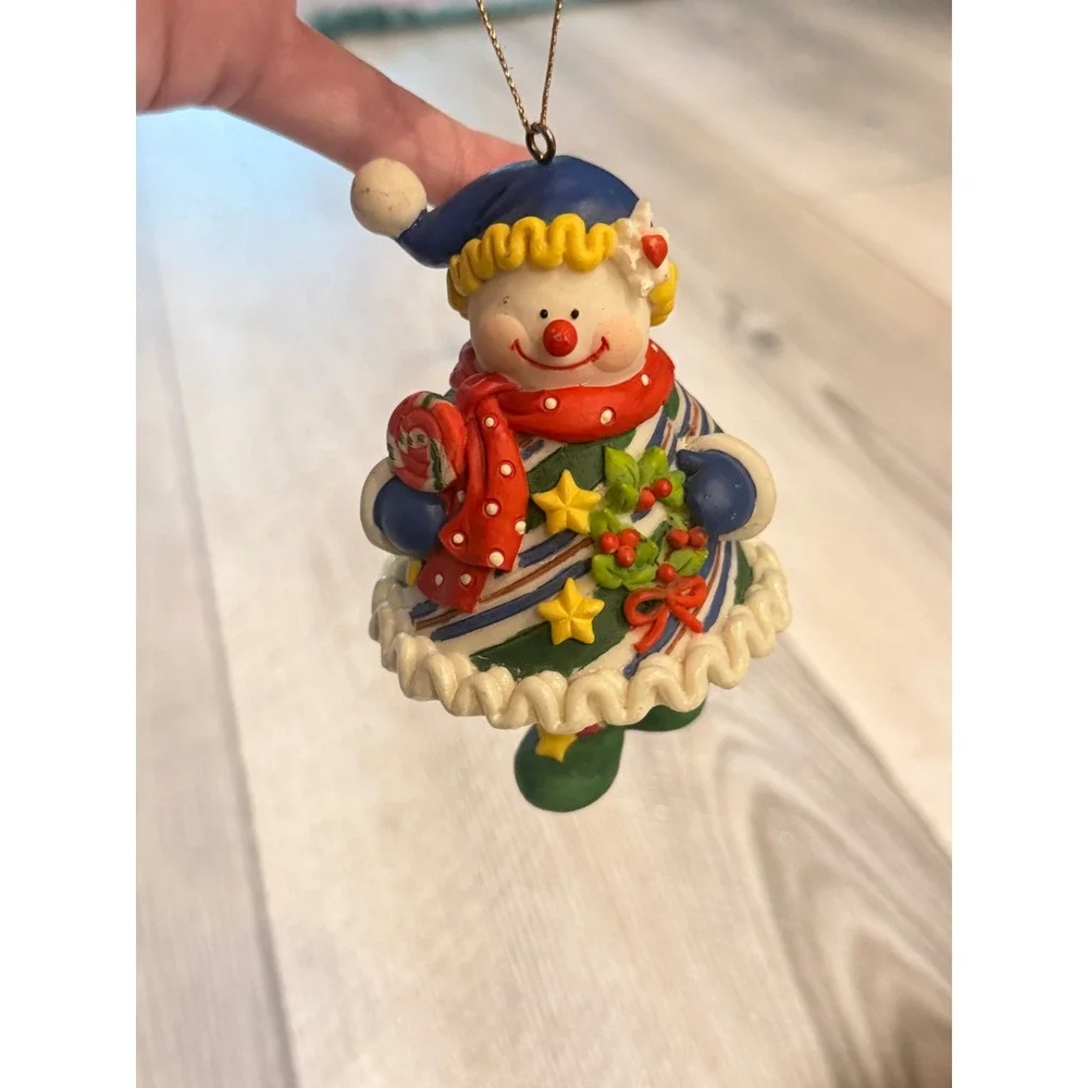 Vintage Style Snowman Clown Christmas Ornament Blue Red Striped Ceramic Figurine